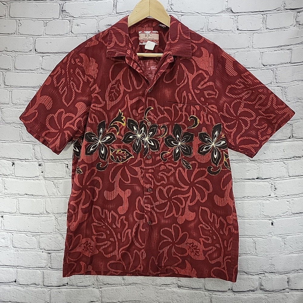 RJC Hawaiian Shirt Maroon Mens Sz L Made in Hawaii